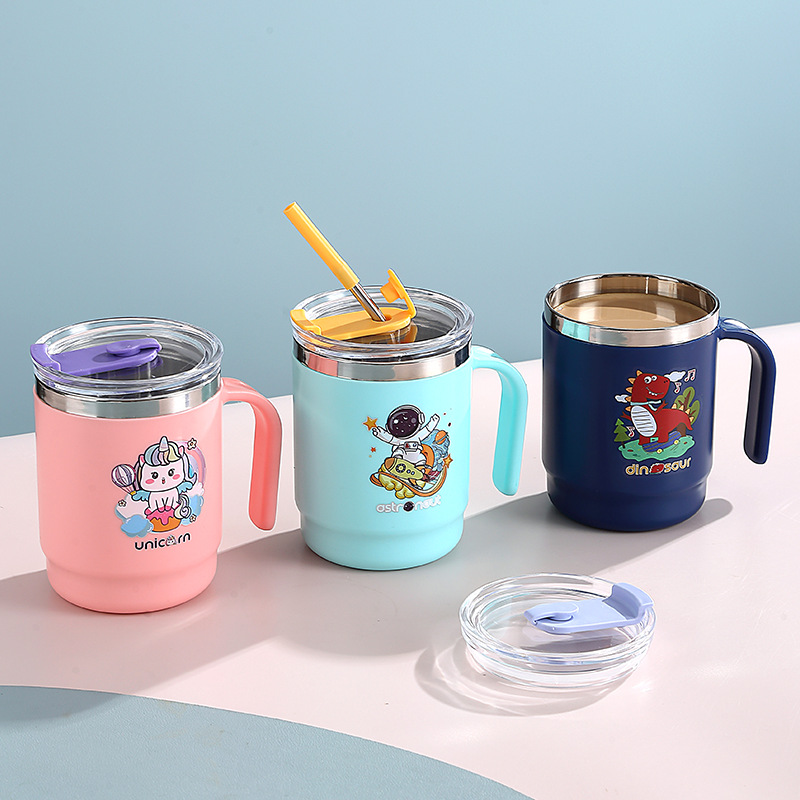 J35-3042 stainless steel water cup, insulated cup, direct drinking cup with straw handle, cartoon mug for office workers, easy to use details Picture