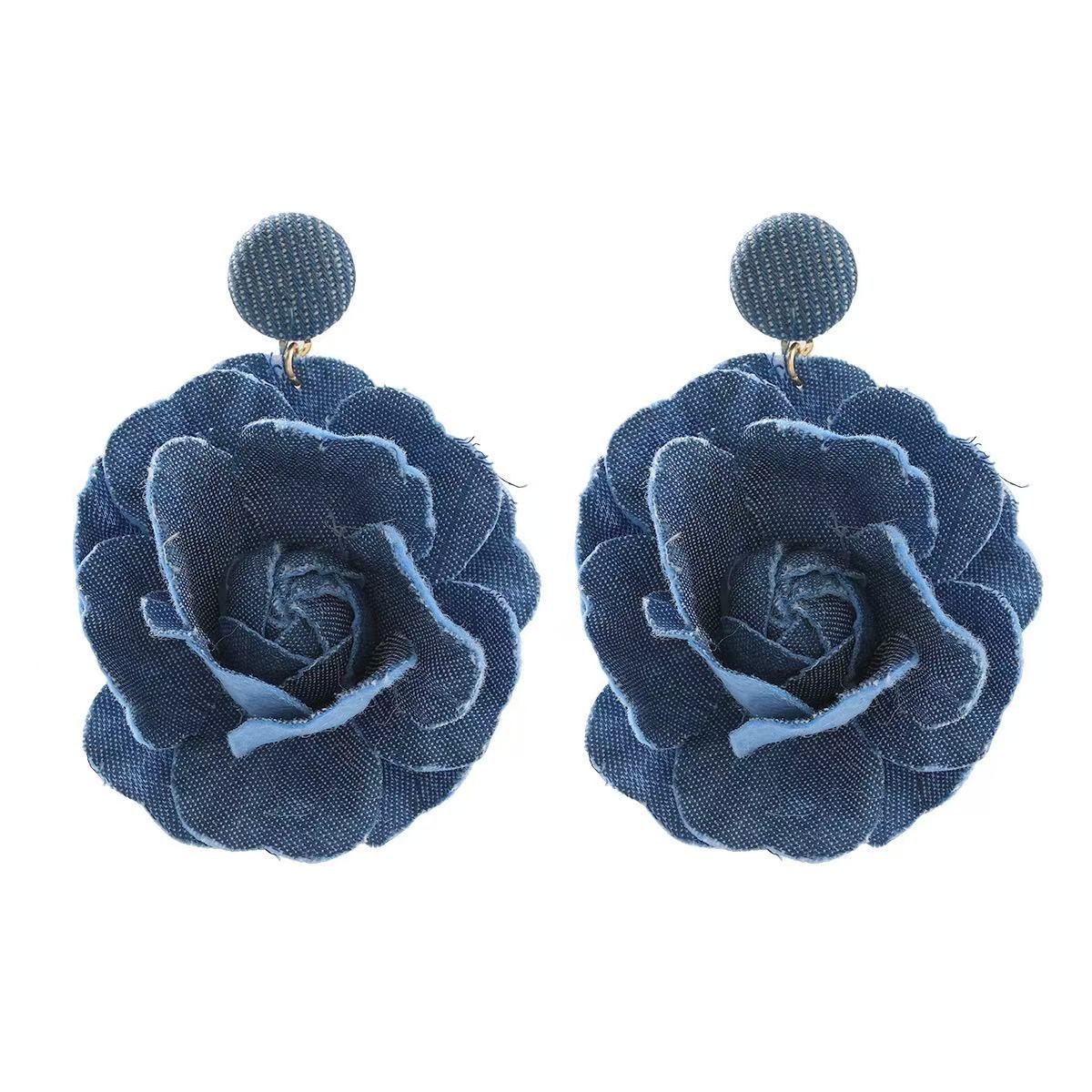New flower earrings, European and American exaggerated earrings, trendy denim blue rose flower jewelry earrings HD1001 Item Picture