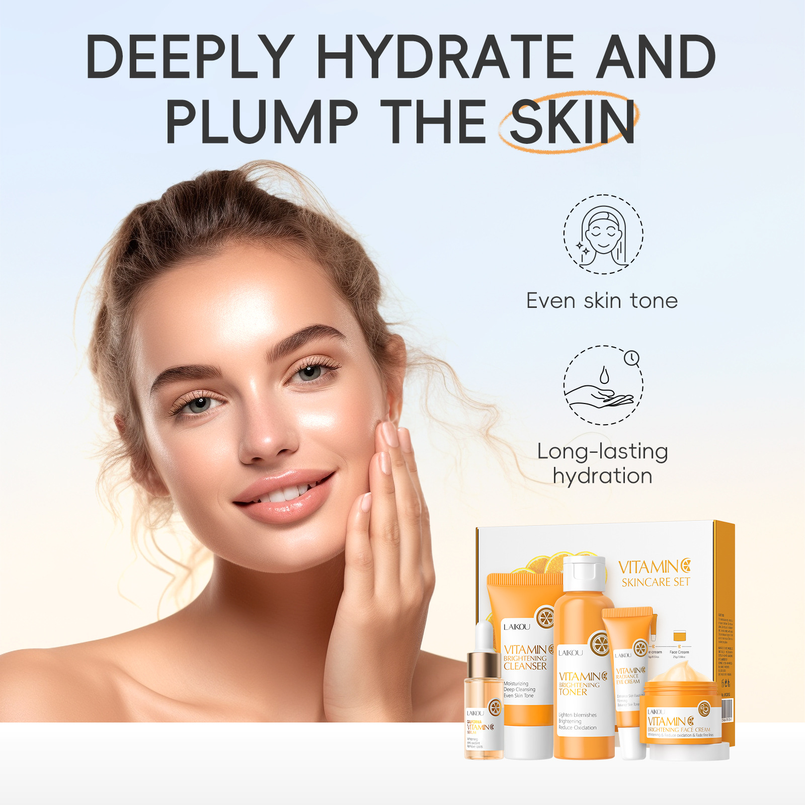 Cross-border LAIKOU Vitamin C Series Skin Care Product Set of 5 pieces: Facial Cleanser, toner, Essence, Eye Cream, Essence and Cream Specification drawing