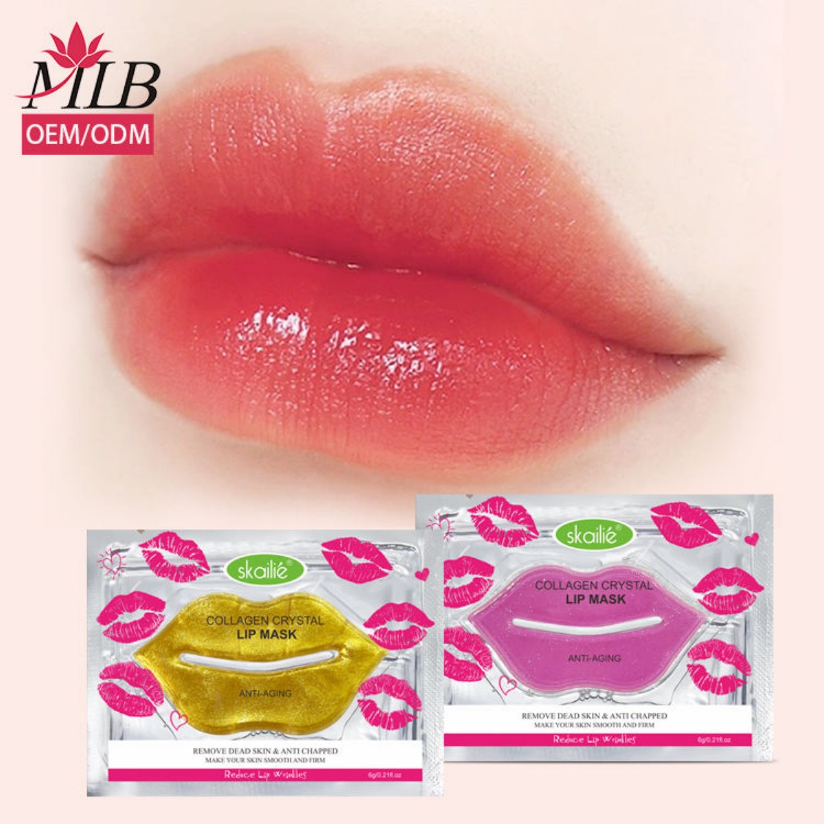 Wholesale Korean self-owned brand natural organic vegetarian hydrogel moisturizing pink collagen sheet lip mask Skailie pink/gold small mouth lip mask details Picture