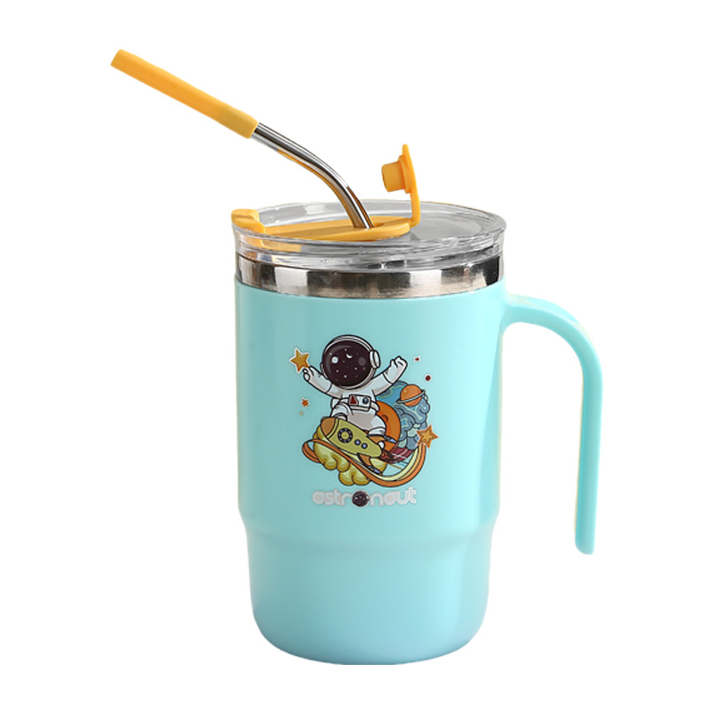 J35-3042 stainless steel water cup, insulated cup, direct drinking cup with straw handle, cartoon mug for office workers, easy to use Item Picture