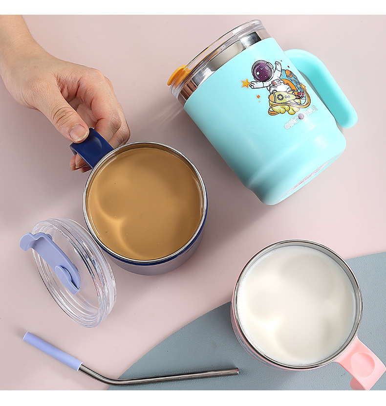 J35-3042 stainless steel water cup, insulated cup, direct drinking cup with straw handle, cartoon mug for office workers, easy to use detail image 9