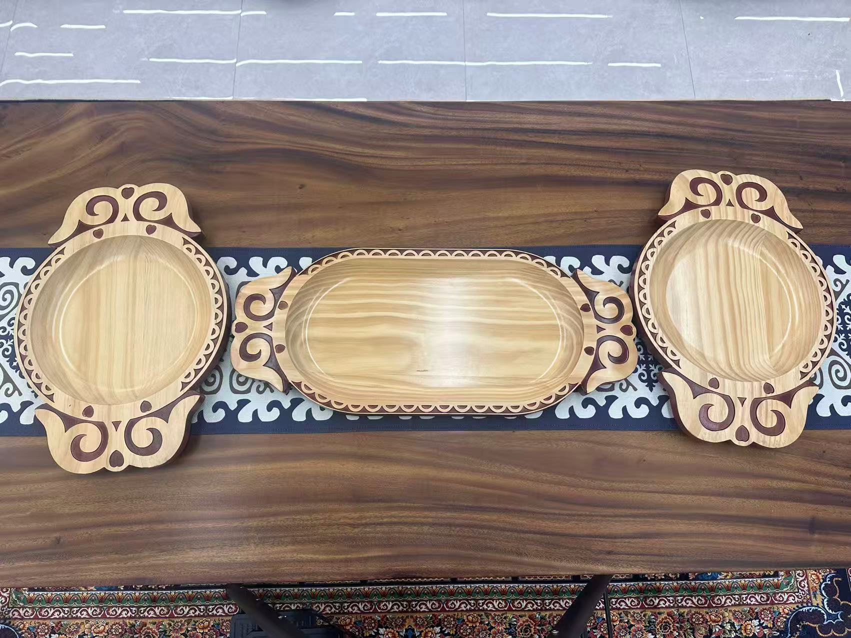 手工民族风雕花木托盘哈萨克族嫁妆装饰摆件家居用品穆斯林托盘装饰托盘新疆哈萨克斯坦吉尔吉斯斯坦家用托盘大盘