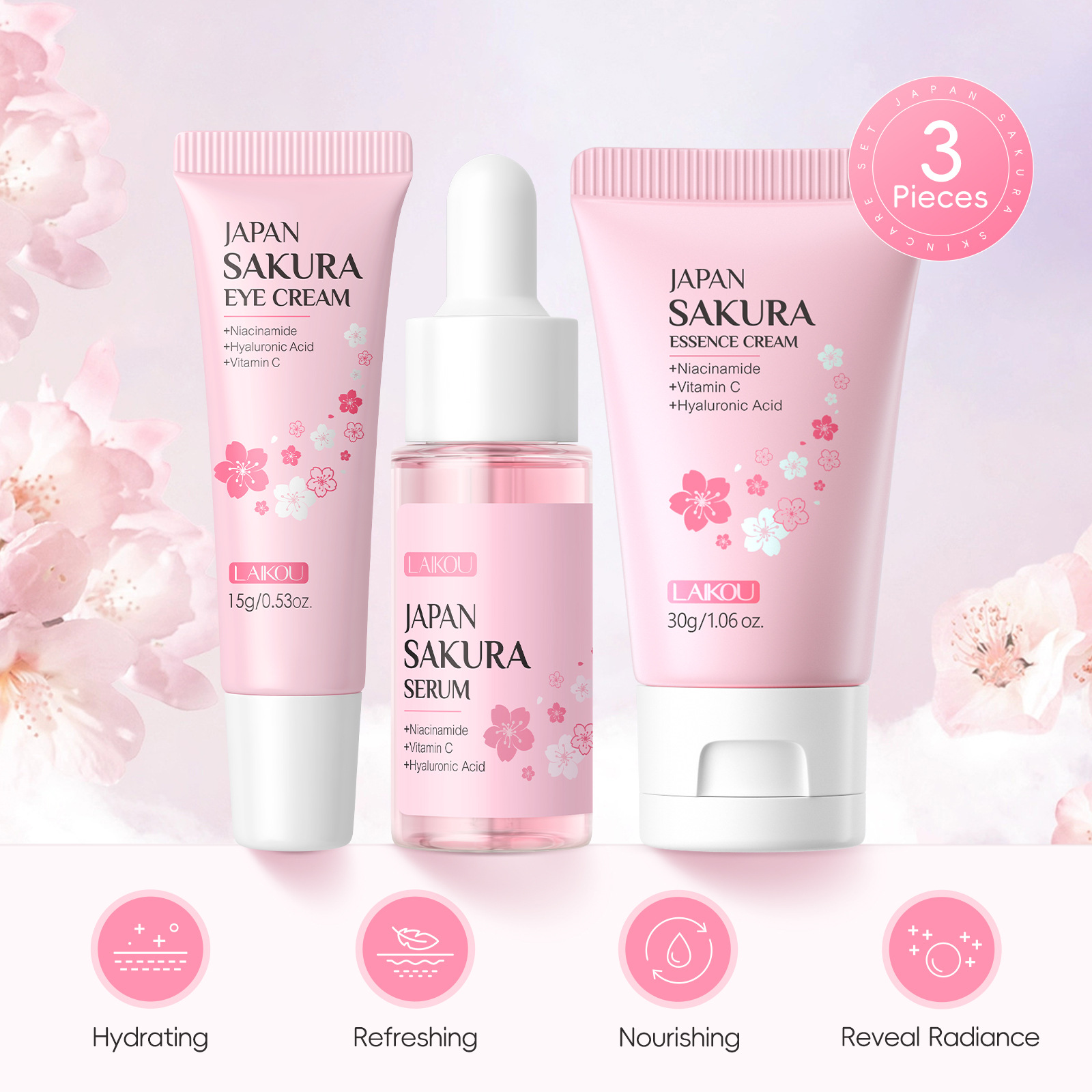 Wholesale of 3-piece cross-border Laicome Japanese Sakura Skincare Set, including essence, eye cream, face cream and skincare set details Picture