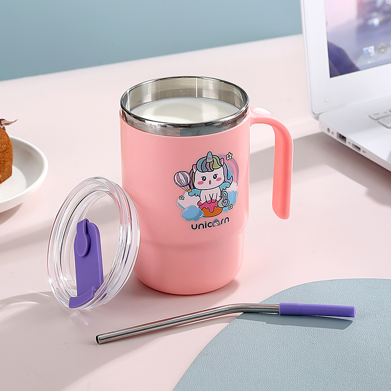 J35-3042 stainless steel water cup, insulated cup, direct drinking cup with straw handle, cartoon mug for office workers, easy to use Application Scenario