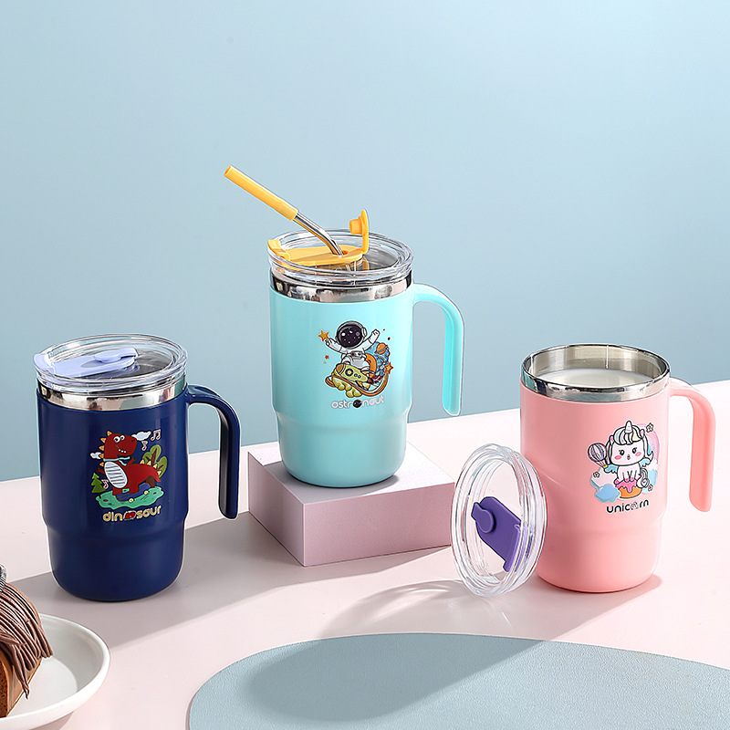 J35-3042 stainless steel water cup, insulated cup, direct drinking cup with straw handle, cartoon mug for office workers, easy to use Specification image