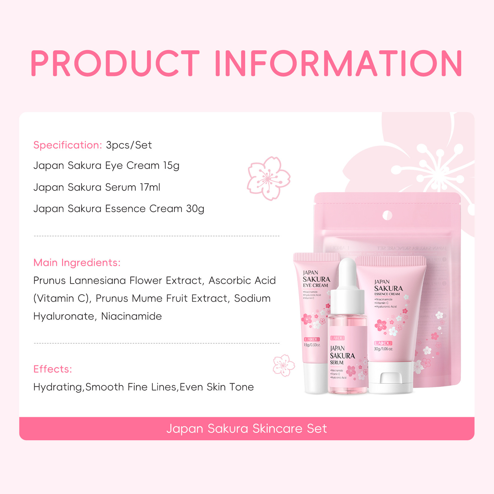 Wholesale of 3-piece cross-border Laicome Japanese Sakura Skincare Set, including essence, eye cream, face cream and skincare set Specification drawing