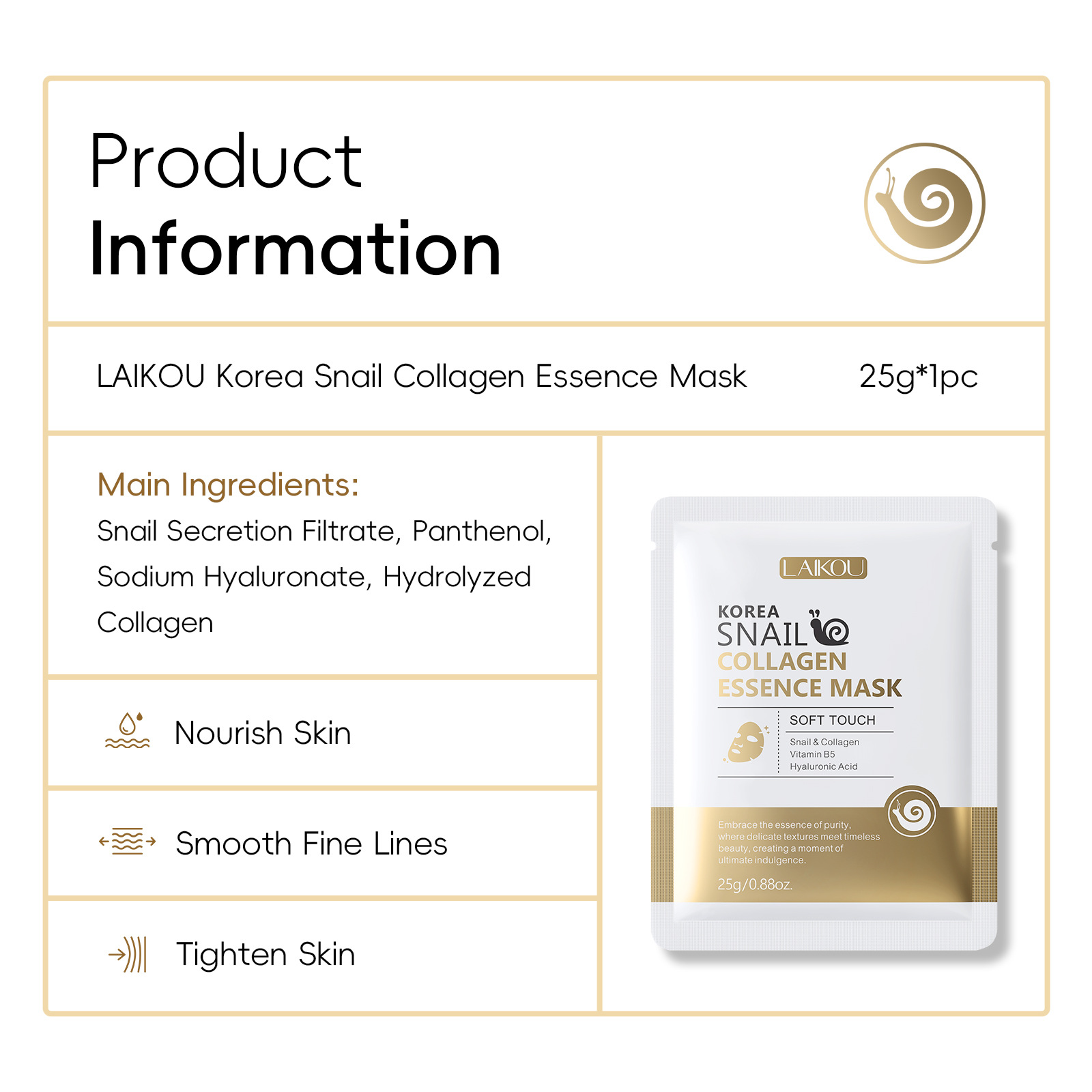 Cross-border LAIKOU Korean Snail Protein Mask 25g Sheet Mask, Export Mask in Full English stock Specification drawing