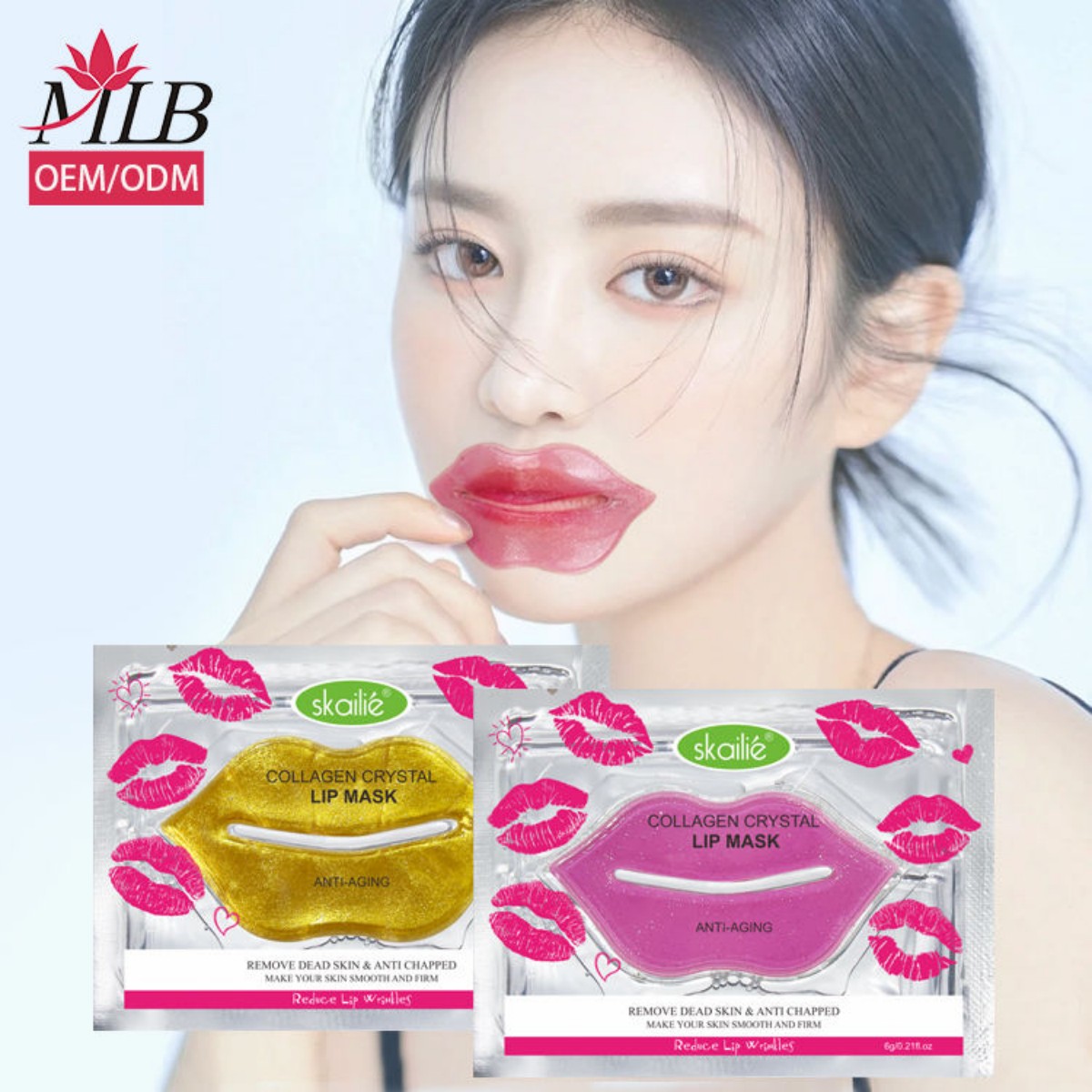 Wholesale Korean self-owned brand natural organic vegetarian hydrogel moisturizing pink collagen sheet lip mask Skailie pink/gold small mouth lip mask