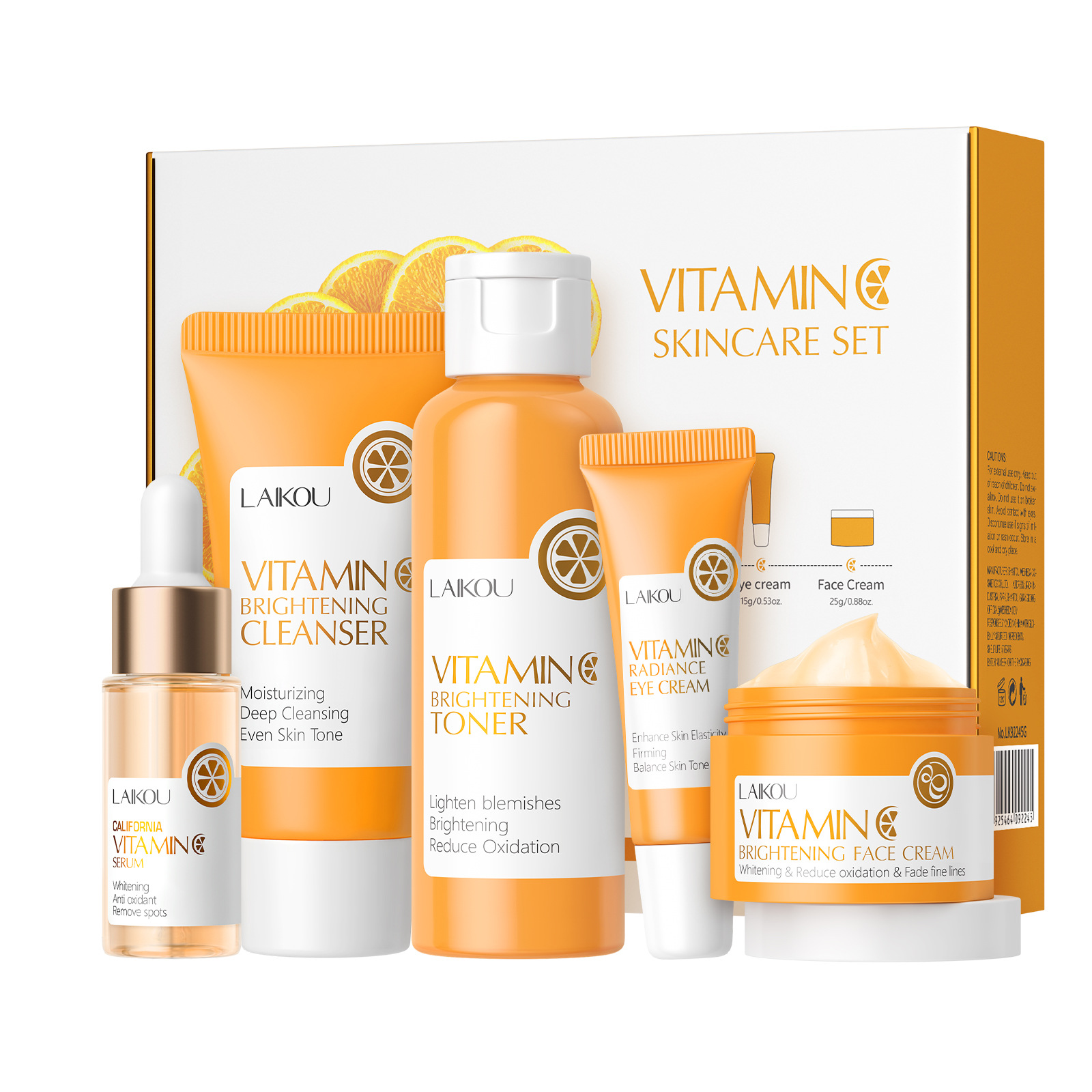 Cross-border LAIKOU Vitamin C Series Skin Care Product Set of 5 pieces: Facial Cleanser, toner, Essence, Eye Cream, Essence and Cream Item Picture