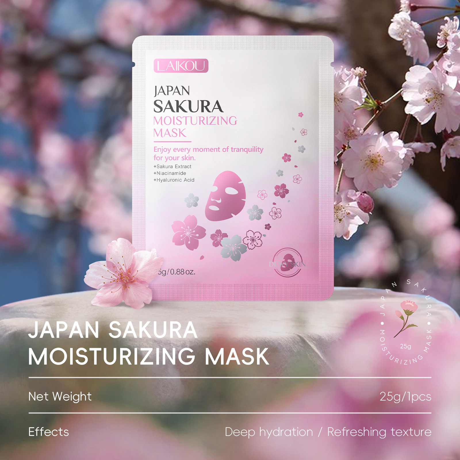 Cross-border LAIKOU Cherry Blossom Moisturizing Mask 25g Hydrating and Moisturizing Patch Mask Nourishing English Export Mask Application Scenario