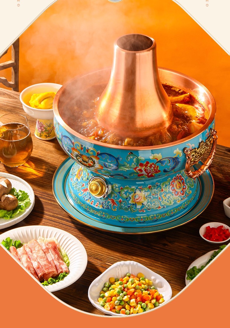 Cloisonne electric and charcoal dual-purpose copper hot pot for household mutton hot pot, electric old Beijing charcoal thickened enamel Chinese copper pot pic 2