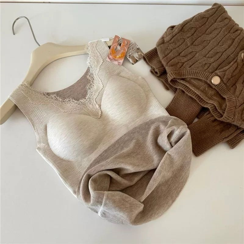 Autumn and winter V-neck lace cashmere warm back, chest and cushion one-piece, no steel ring, bottom layer, no trace, beautiful back underwear Item Picture