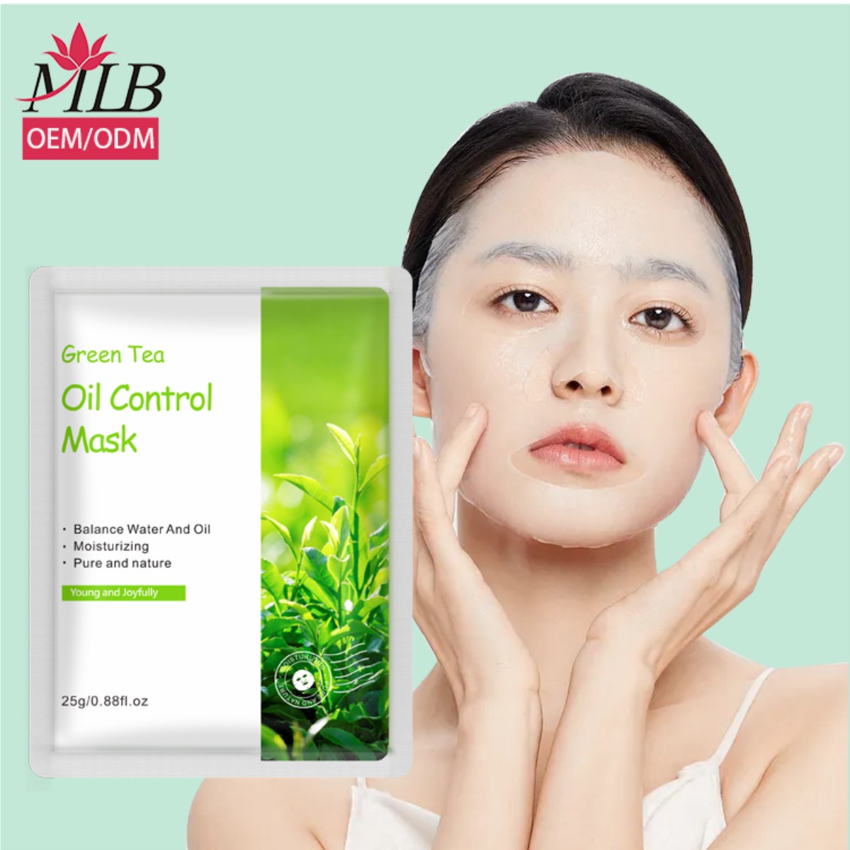 25g Oil-control and purifying green tea mask manufacturer wholesale non-woven/silk mask fabric vegetarian formula facial care beauty bed sheet mask