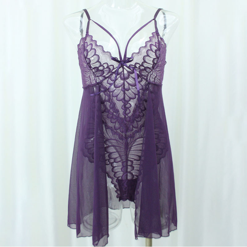 Sexy low-cut V-neck lace mesh semi-transparent spice girl slimming halter erotic dress Lace halter nightgown Item Picture