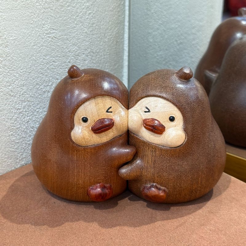 ”永不分梨“鸭鸭创意可爱乌檀木实木雕刻桌面摆件 送情侣情人节生日搬家礼物礼品
