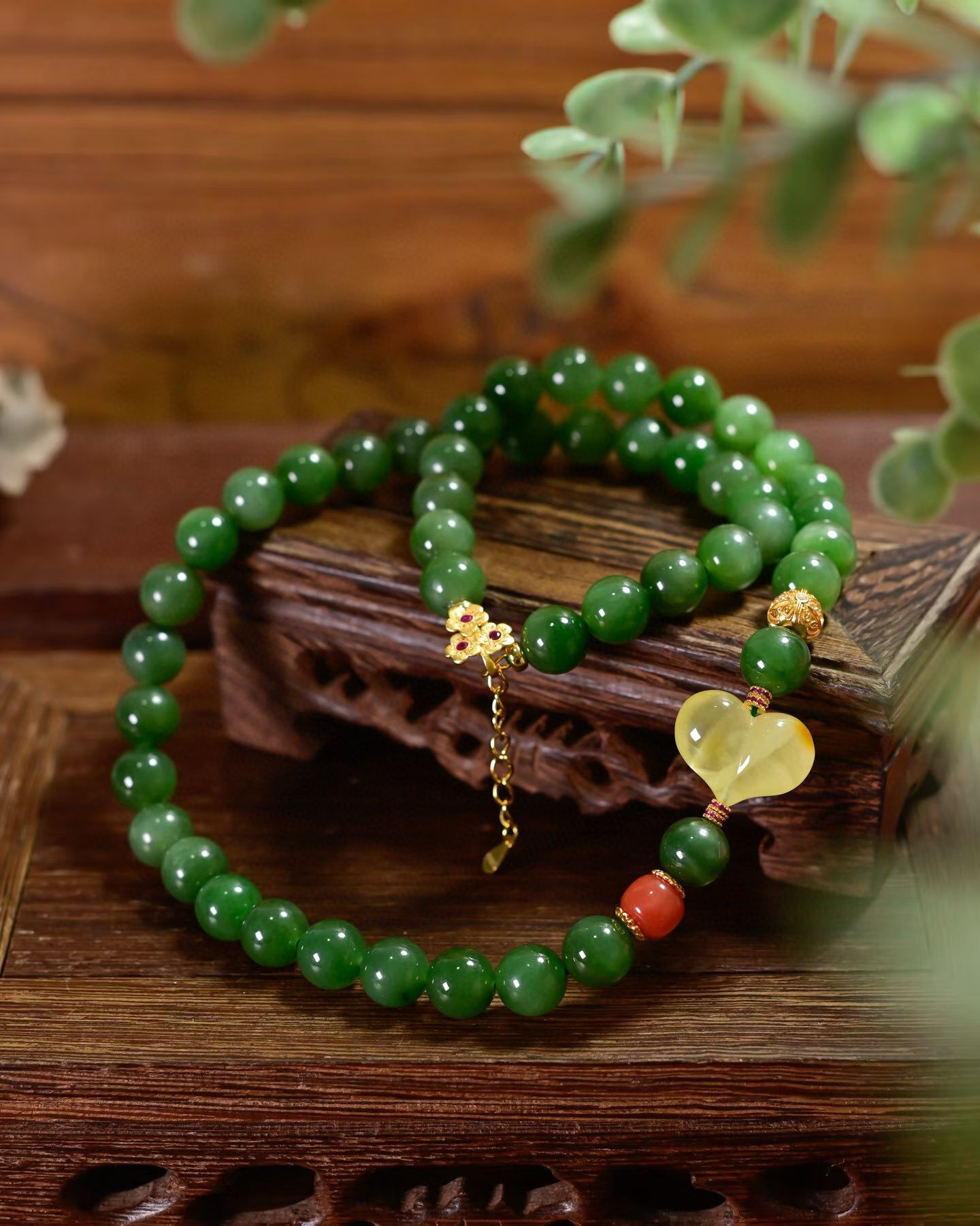 道毅珠宝天然和田碧玉锁骨短项链搭配南红玛瑙蜜蜡桃心珠链925纯银镀金