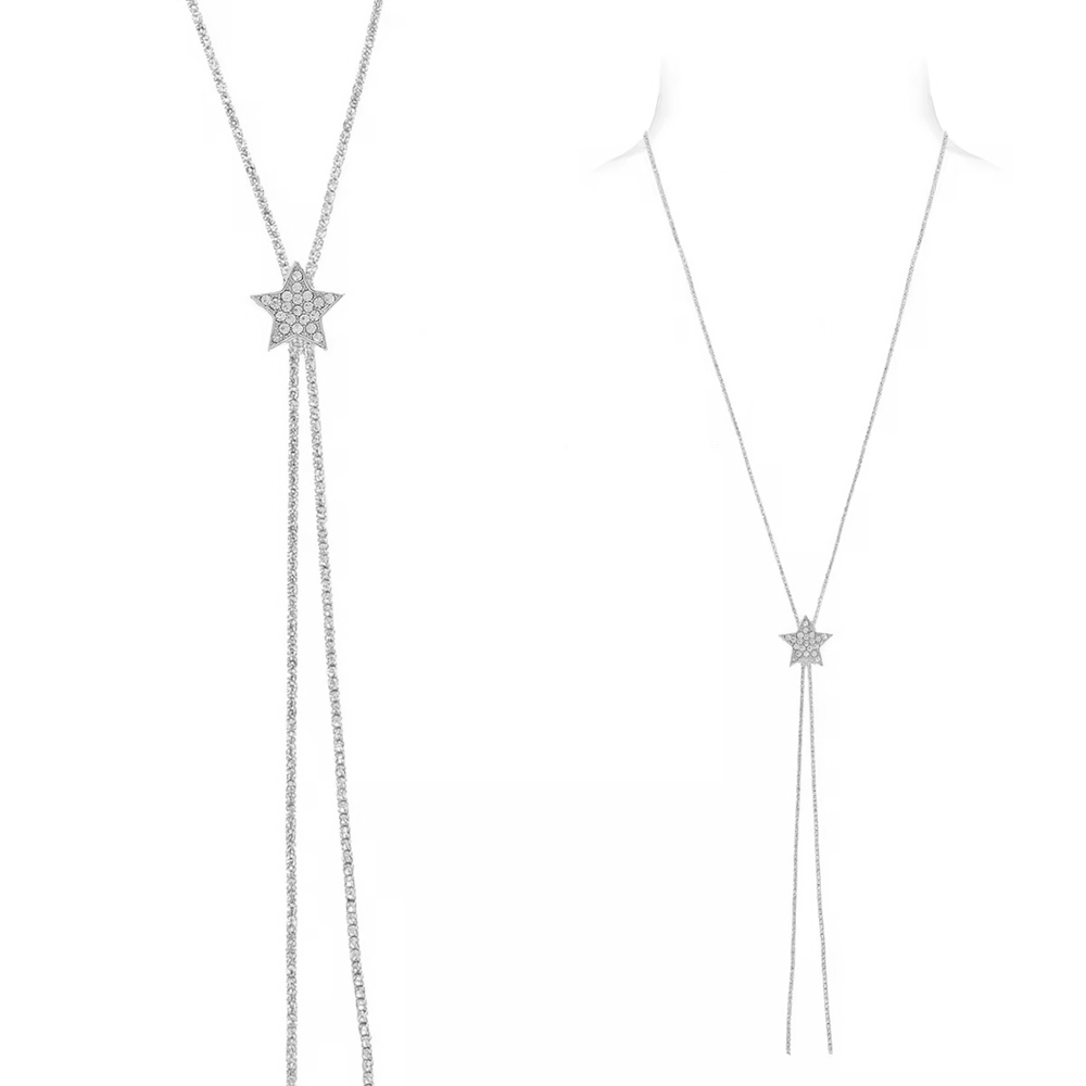 A popular long sweater chain for cross-border trade with sliding adjustment, featuring heart-shaped five-pointed stars, rhinestone and zircon, and full diamonds. It is a shining Amazon trendy necklace accessory Item Picture