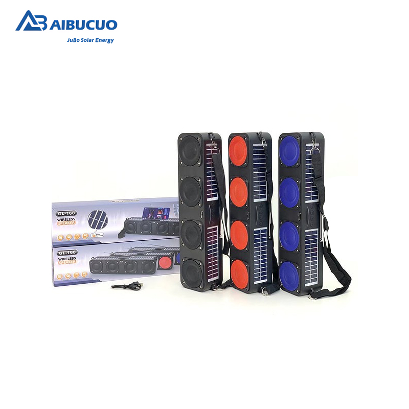 AIBUCUO's new export product, GL-168, is a bestseller in Africa. It features a dual-solar Bluetooth speaker, a dual-speaker subwoofer, a radio, and a high-quality Bluetooth speaker Specification image