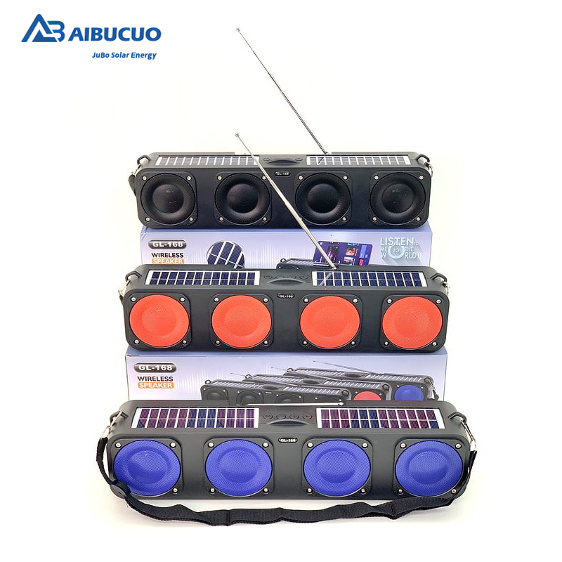 AIBUCUO's new export product, GL-168, is a bestseller in Africa. It features a dual-solar Bluetooth speaker, a dual-speaker subwoofer, a radio, and a high-quality Bluetooth speaker details Picture