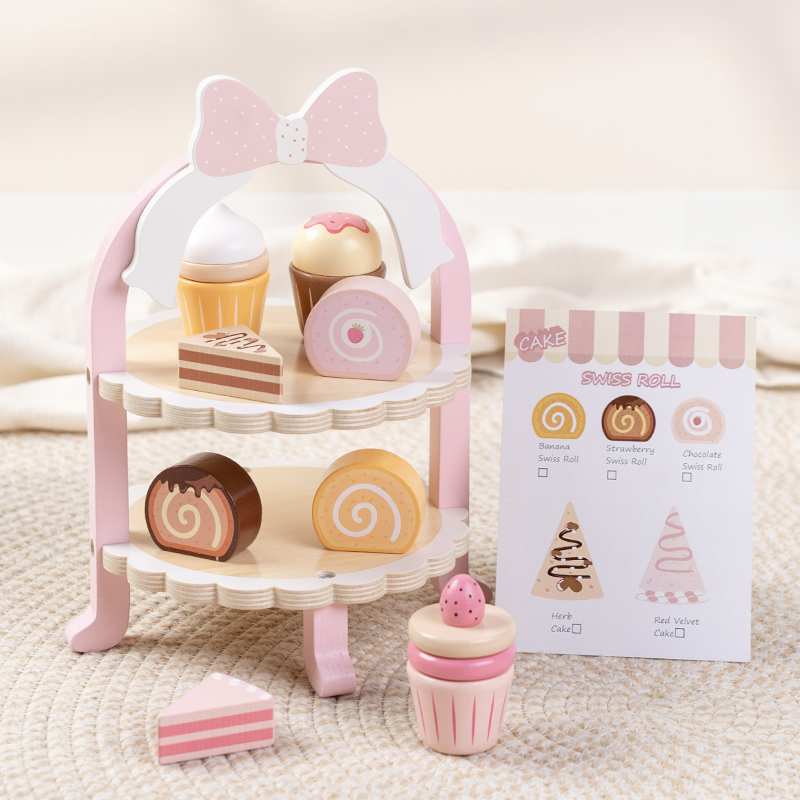 Early education wooden children's educational toys Dessert cake, kindergarten corner afternoon tea set play house, pink dessert rack, export certificate CE CPC EN71 full figure
