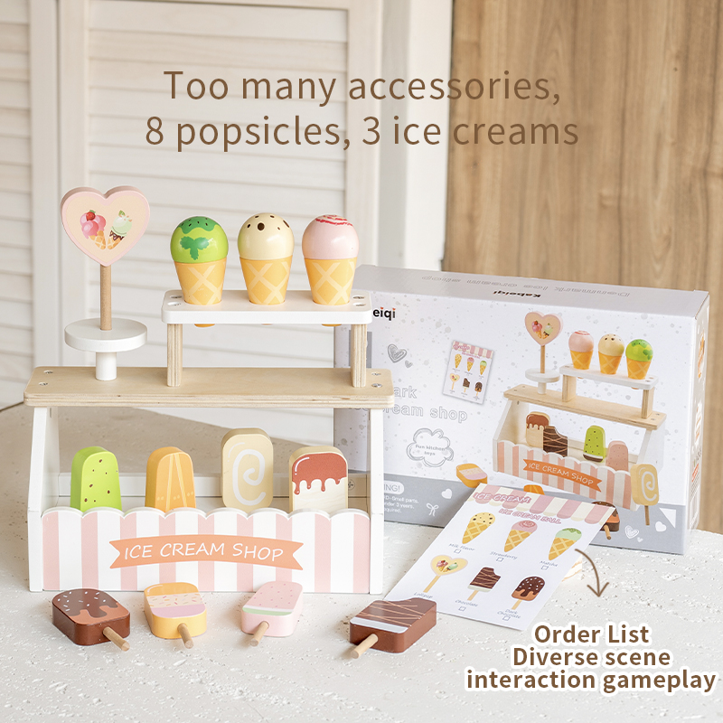 Wooden simulation ice cream set, boys and girls play house, Popsicle, ice cream cone, ice cream character interaction toy, ice cream vending stand, parent-child role-playing, export certificate CPC CE EN71 details Picture