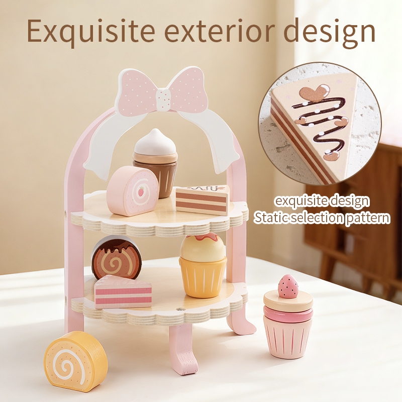 Early education wooden children's educational toys Dessert cake, kindergarten corner afternoon tea set play house, pink dessert rack, export certificate CE CPC EN71 Specification drawing