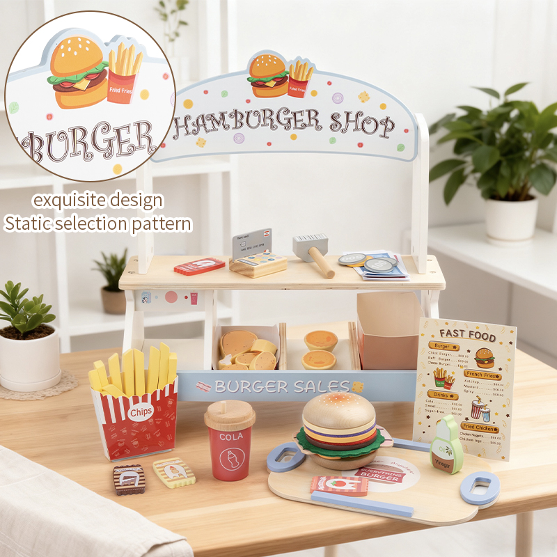 New wooden playhouse children's simulation hamburger shop, kitchen wooden hamburger desserts, parent-child kindergarten corner interactive role-playing toys Specification drawing