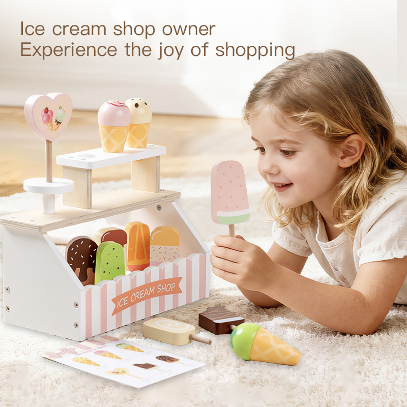 Wooden simulation ice cream set, boys and girls play house, Popsicle, ice cream cone, ice cream character interaction toy, ice cream vending stand, parent-child role-playing, export certificate CPC CE EN71 Specification drawing