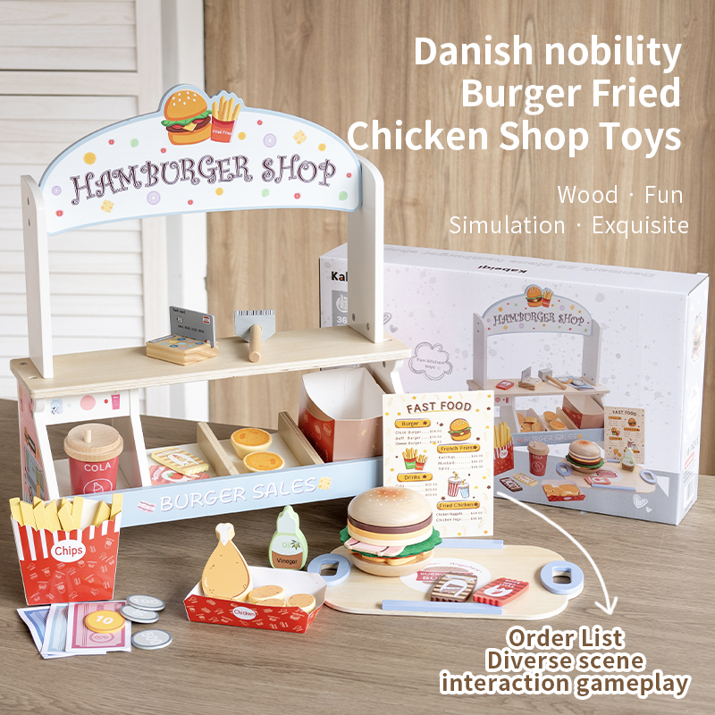 New wooden playhouse children's simulation hamburger shop, kitchen wooden hamburger desserts, parent-child kindergarten corner interactive role-playing toys details Picture