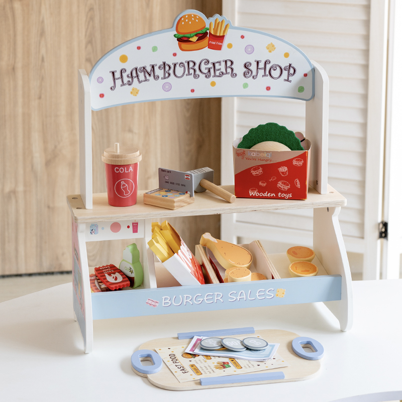 New wooden playhouse children's simulation hamburger shop, kitchen wooden hamburger desserts, parent-child kindergarten corner interactive role-playing toys Item Picture
