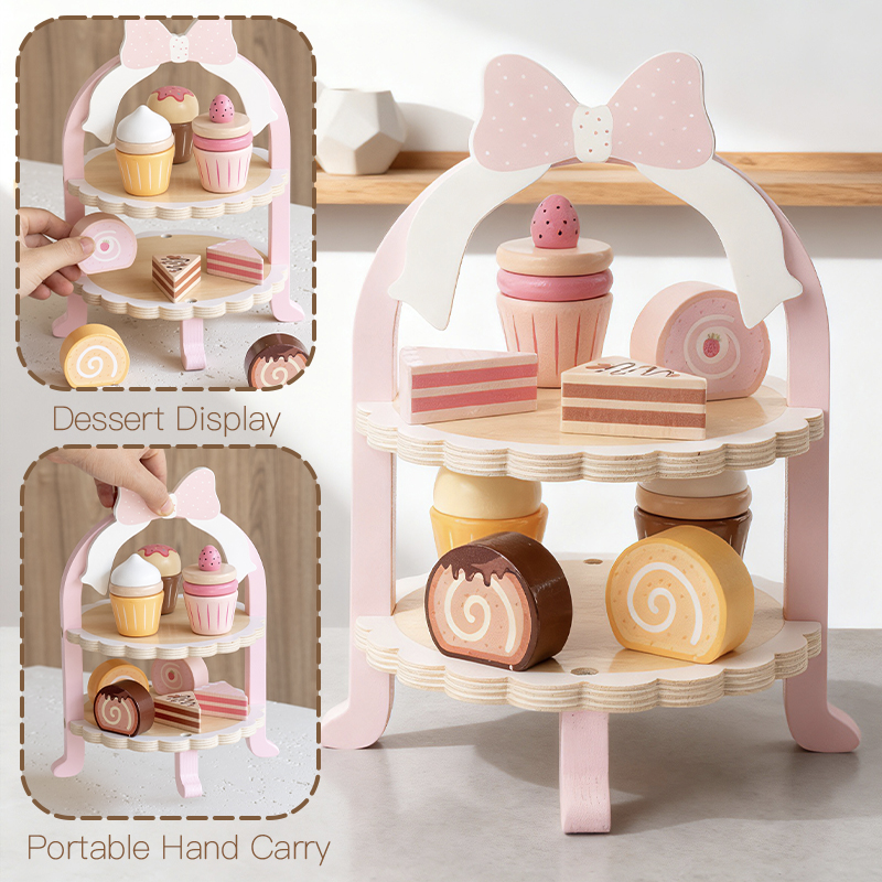 Early education wooden children's educational toys Dessert cake, kindergarten corner afternoon tea set play house, pink dessert rack, export certificate CE CPC EN71 Item Picture