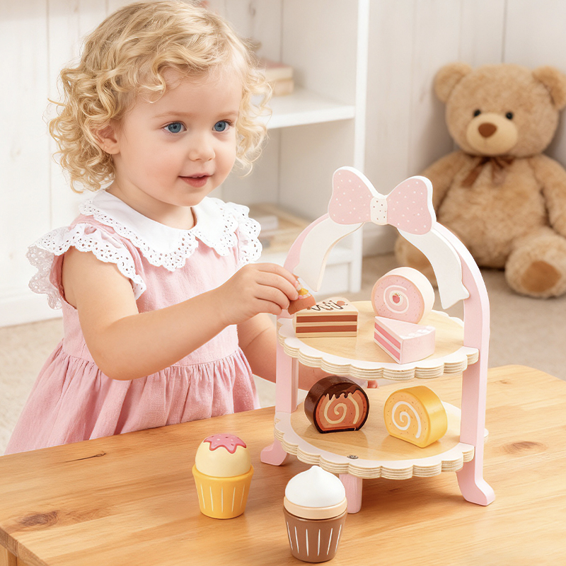 Early education wooden children's educational toys Dessert cake, kindergarten corner afternoon tea set play house, pink dessert rack, export certificate CE CPC EN71 Application Scenario