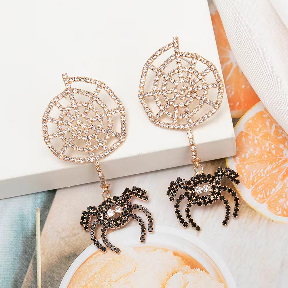 Halloween atmosphere earrings, European and American cross-border spider web rhinestone earrings, trendy and individual black spider diamond-encrusted party earrings wholesale Item Picture