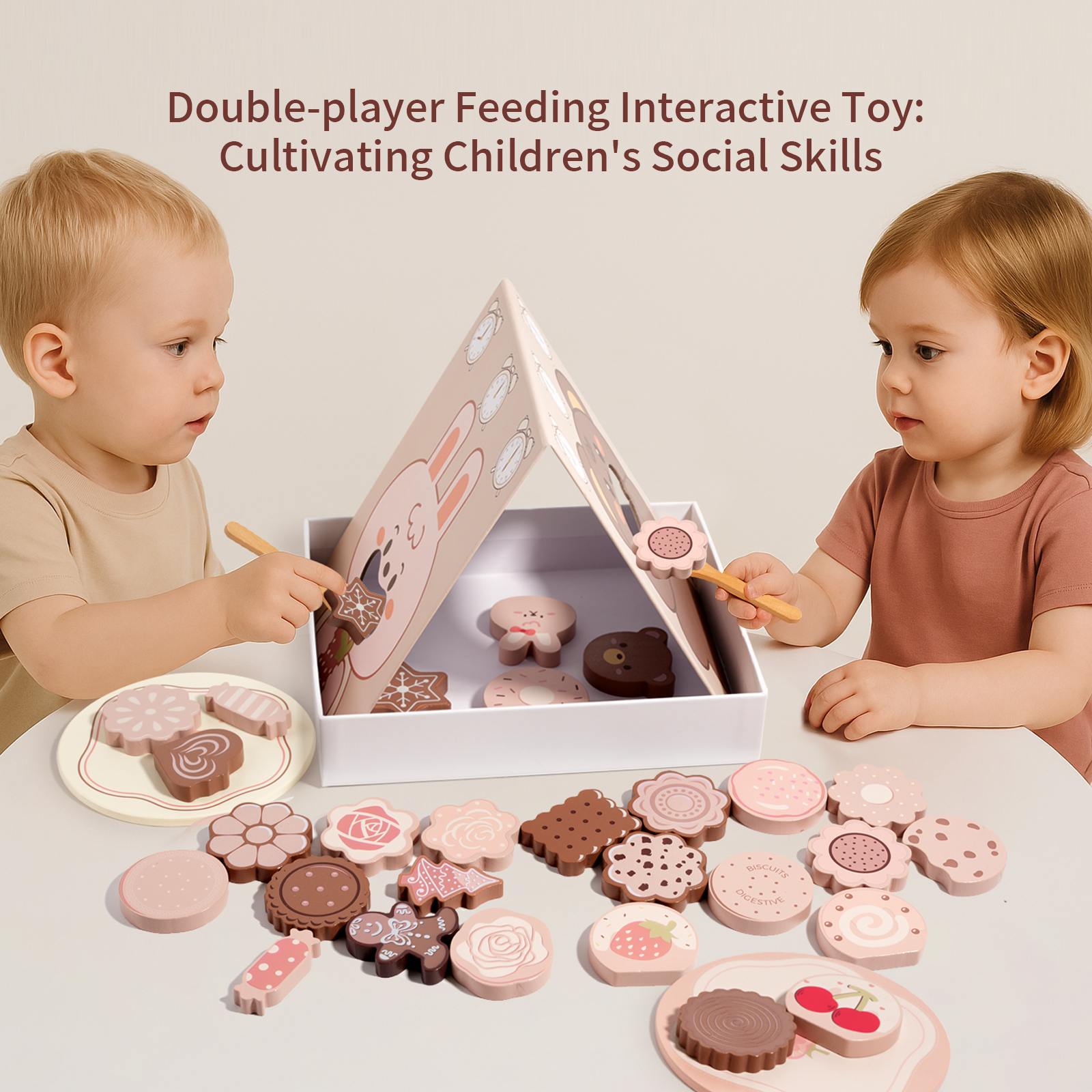 Parent-child role-playing role-playing simulation feeding game, children's early education fine motor skills, spoon exercise, educational toys, role-playing delicious cookies, feeding game, export certificate CE CPC EN71 Specification drawing