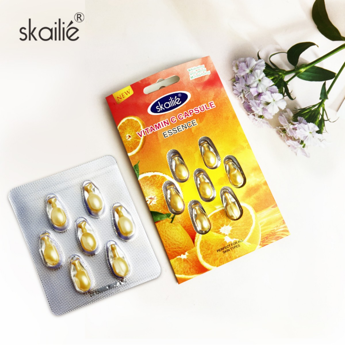 Skailie 7 Capsules/Tablets of VC Essence Capsules: Wholesale Facial Vitamin C Essence Capsules (Golden Moisturizing Facial Serum Capsules · Special for Skin Care) Item Picture