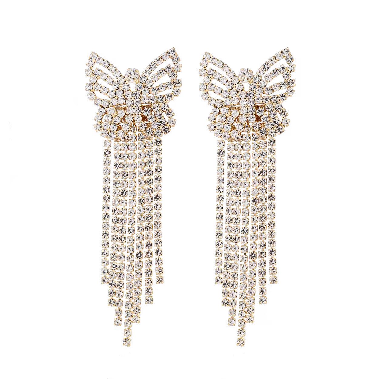 Amazon's best-selling full-diamond butterfly tassel earrings, cross-border European and American style exquisite wedding water diamond earrings for brides