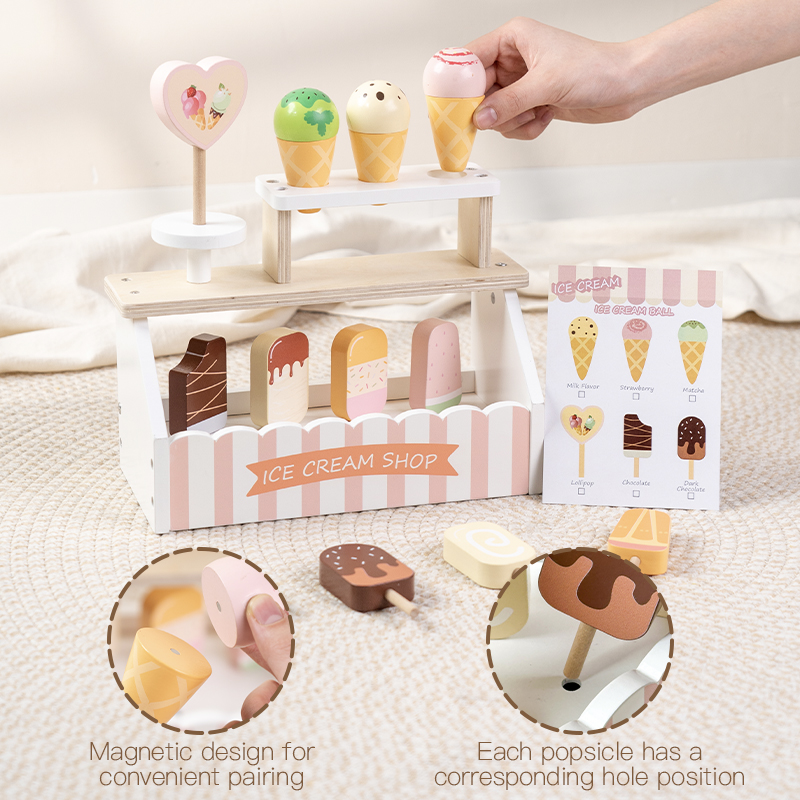 Wooden simulation ice cream set, boys and girls play house, Popsicle, ice cream cone, ice cream character interaction toy, ice cream vending stand, parent-child role-playing, export certificate CPC CE EN71 Application Scenario