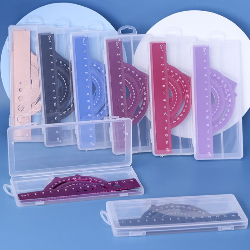 Best-selling 1mm aluminum alloy 4-piece ruler student drawing tool set, the same style as Douyin laser-engraved ruler set details Picture