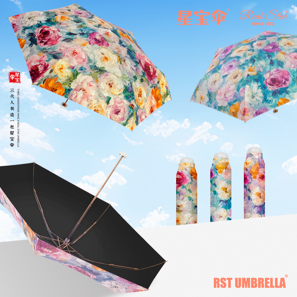Xingbao Umbrella 5576 50% off pocket oil painting umbrella, floral anti-ultraviolet black rubber sunshade umbrella, women's bag umbrella, pocket umbrella Specification drawing