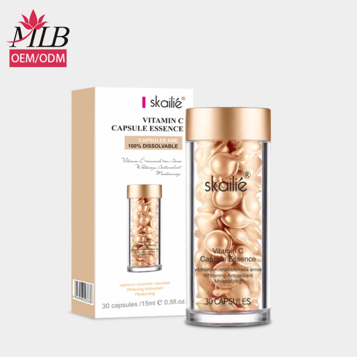 30 pills! Skailie Vitamin C Facial Capsule Essence is a self-owned brand OEM brightening and hydrating hyaluronic acid serum capsule skin care product Application Scenario