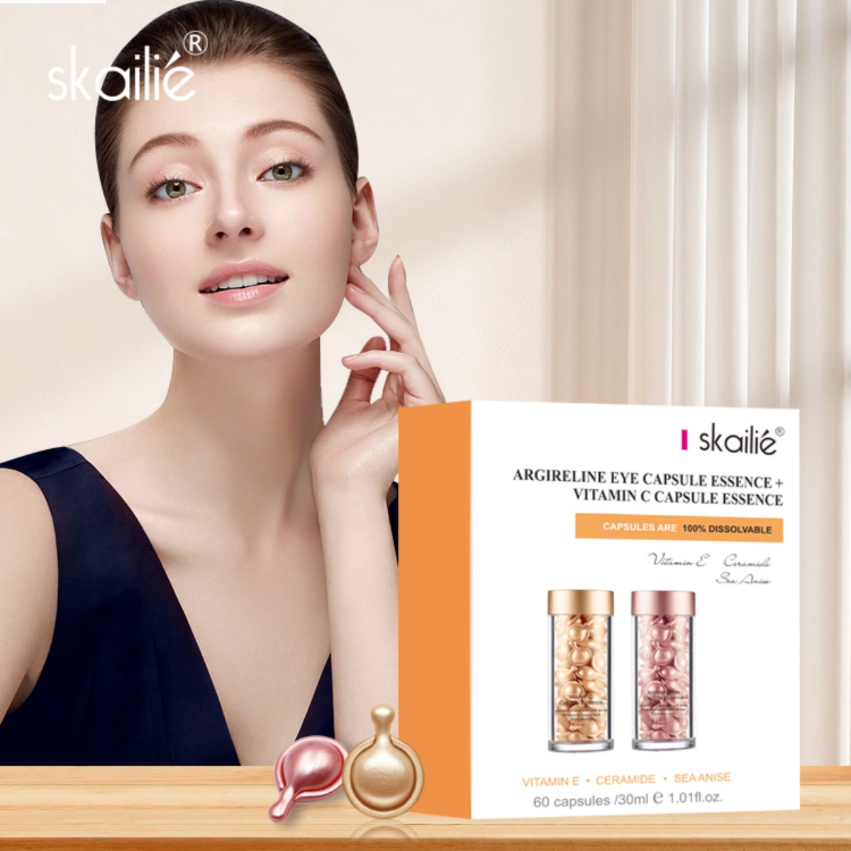 30 capsules * 2 bottles! Skailie 2-in-1 Essence Set: Six-Peptide Eye Cream + Vitamin C Facial Essence, organic anti-aging and brightening, private label Specification image