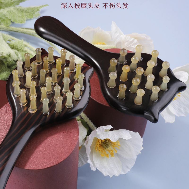 牛角梳天然牛角刮痧板按摩板刮桶茶勺空心足底棒拨筋棒刮背11