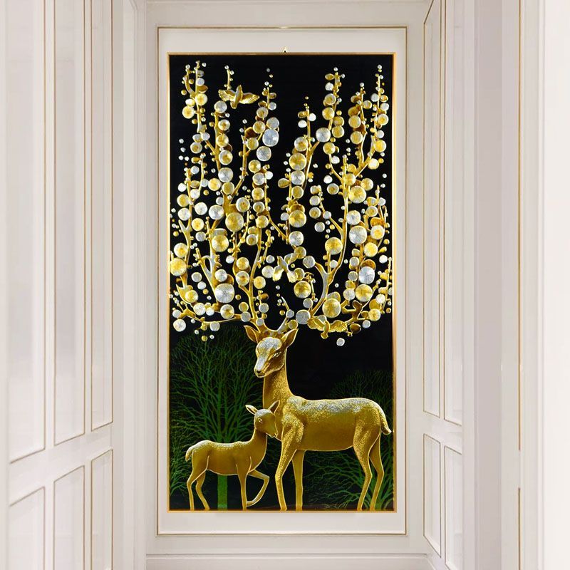 轻奢装饰画玄关客厅餐厅沙发背景墙挂画彩雕金色麋鹿-120*60装饰画