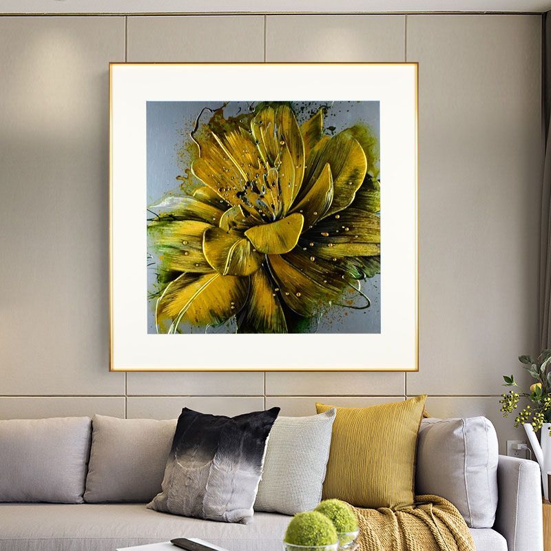 新中式轻奢装饰画客厅餐厅沙发背景墙画挂画彩雕金色绽放装饰画-77*77