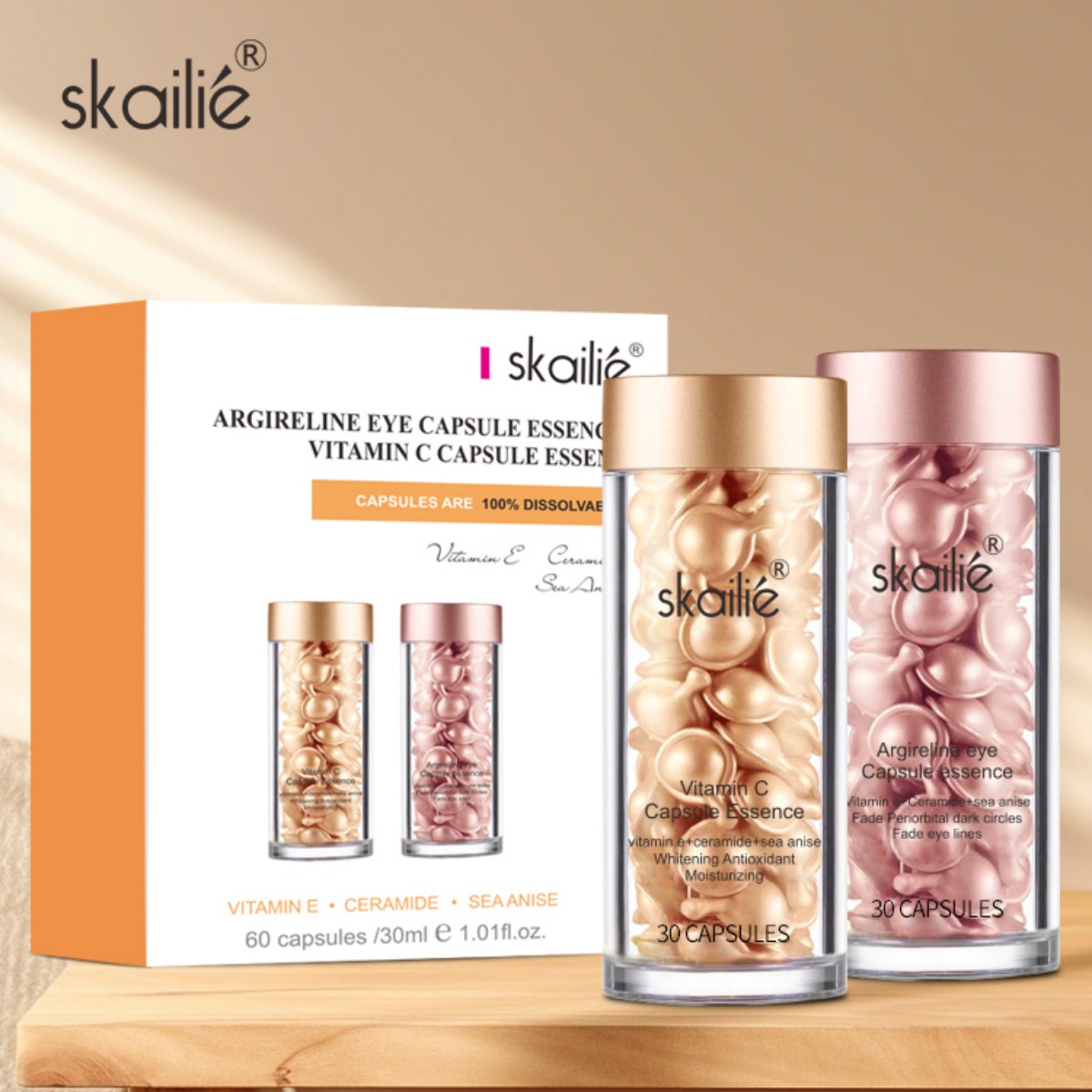 30 capsules * 2 bottles! Skailie 2-in-1 Essence Set: Six-Peptide Eye Cream + Vitamin C Facial Essence, organic anti-aging and brightening, private label