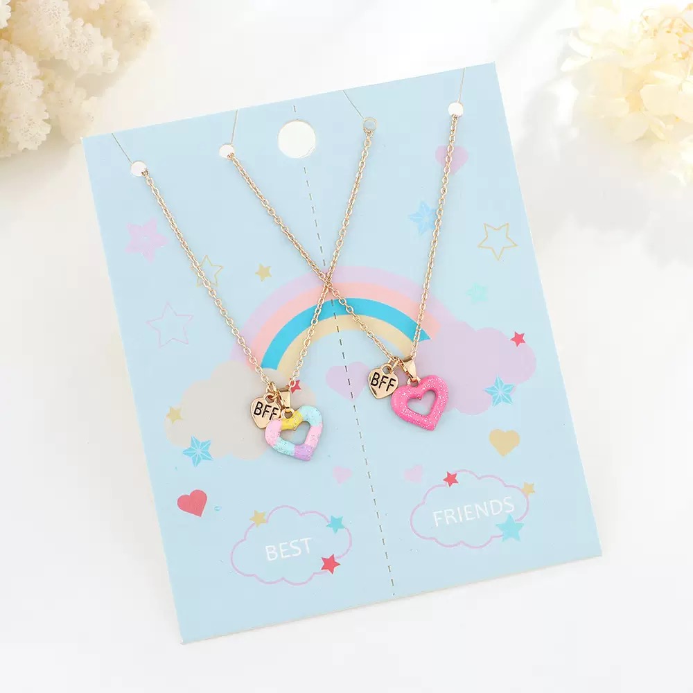 Cross-border cartoon hollowed-out heart-shaped pendant necklace set decoration, children's good friend alloy oil drip jewelry details Picture