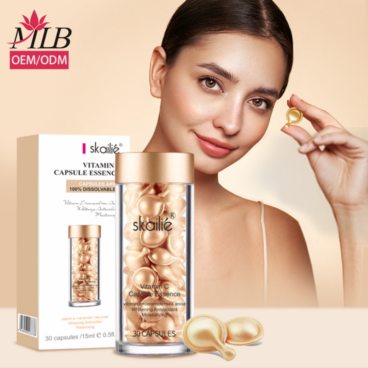 30 pills! Skailie Vitamin C Facial Capsule Essence is a self-owned brand OEM brightening and hydrating hyaluronic acid serum capsule skin care product