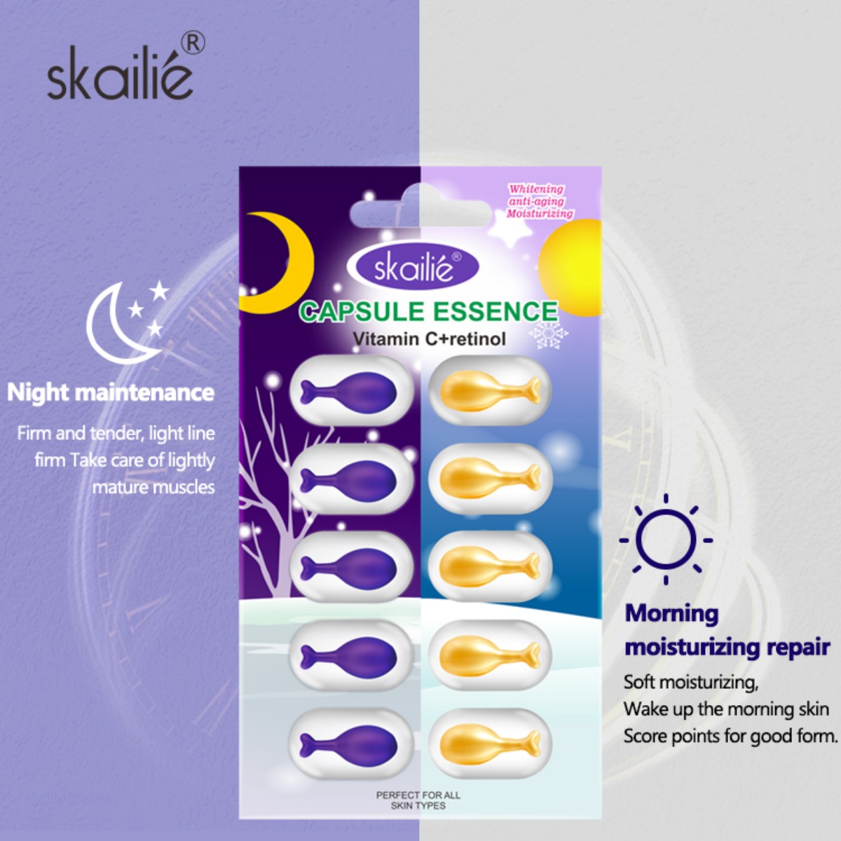 Wholesale price! Skailie Dual-Effect Essence Capsules, 10 capsules per tablet, Vitamin C + Retinol, factory direct supply Application Scenario