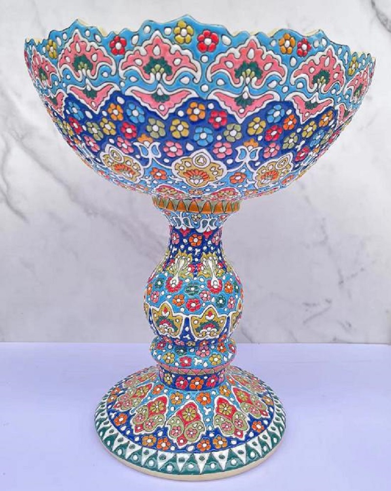 伊朗进口波斯风格手绘高脚大托盘纯手工立体浮雕